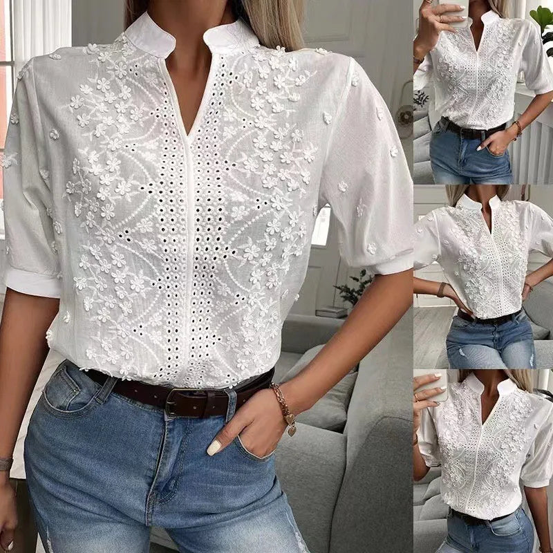 Blusa blanca elegante de manga corta para mujer