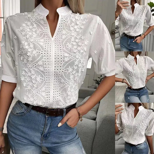Blusa blanca elegante de manga corta para mujer